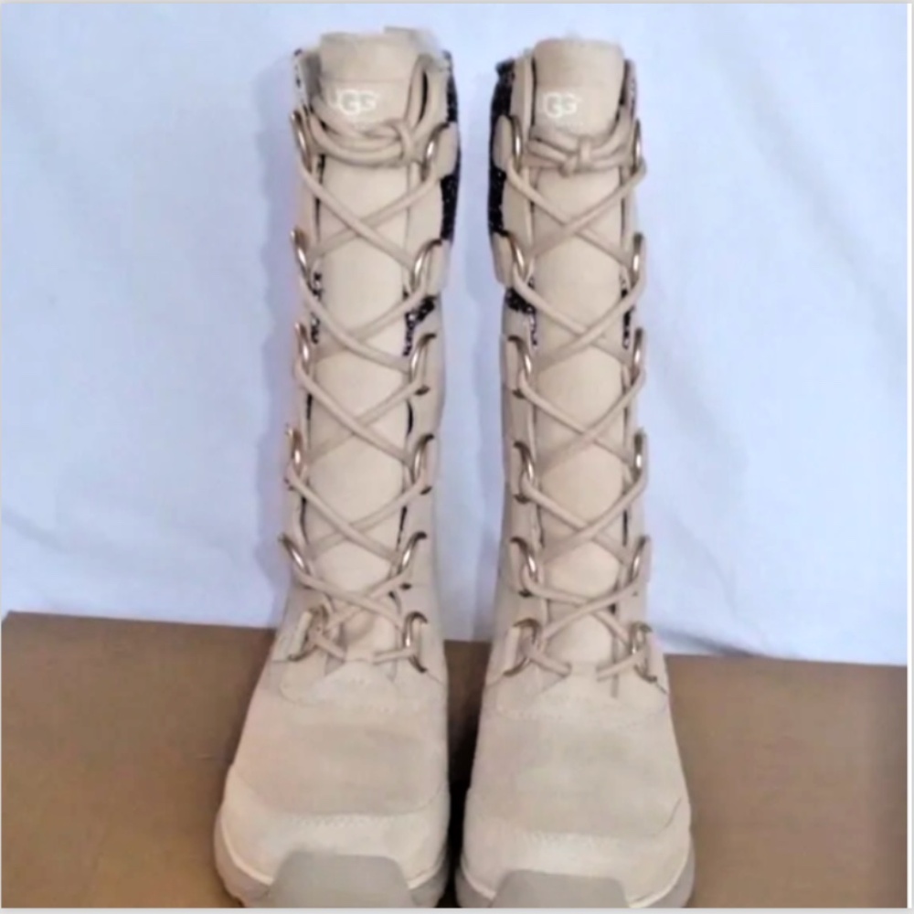 FINAL SALE UGG Atlason Frill Cream Fur Lined Waterproof Suede Boots NEW - Picture 5 of 12